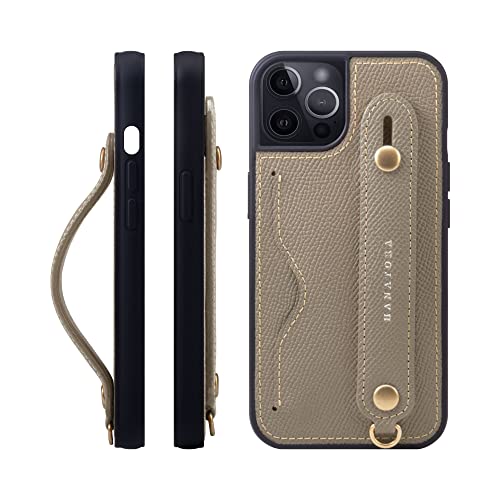 iPhone12/iPhone12 Pro ケース 本革 グリップケース エンボスレザー ストラップ付属 片手操作 カードポケット スタンド機能 メンズ レディース グレージュ NCGH-12Pro-Grege