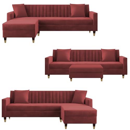 Image of Casaliving Garcia 4 Seater L Shape Convertible Sofa Set for Living Room, 3 Seater & Ottoman Modular Sectional Couch for Small Space (Maroon in Colour Premium Fabric)