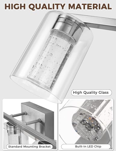 Image of DORESshop 3-Light Brushed Nickel Bathroom Lighting Fixtures Over Mirror, LED Vanity Light for Bathroom with Crystal Bubble, White /Neutral /Warm Dimmable Vanity Lighting Fixtures with Clear Glass Shade