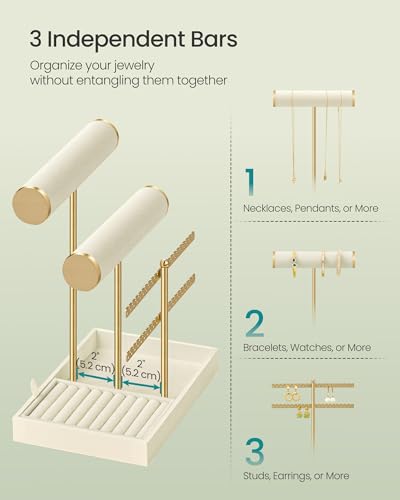Image of SONGMICS Bracelet Holder Stand, Jewelry Display Stand, Jewelry Organizer, with 2 Tiers and Velvet Tray, Earring Organizer, Removable Ring Holder, Cream White and Pale Gold UJJS046W101