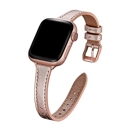 Image of STIROLL Slim Leather Bands Compatible with Apple Watch Band 38mm 40mm 41mm 42mm(Series 11 10), Top Grain Leather Watch Thin Wristband for iWatch SE 9 8 7 6 5 4 3 2 1 (Rose Gold)