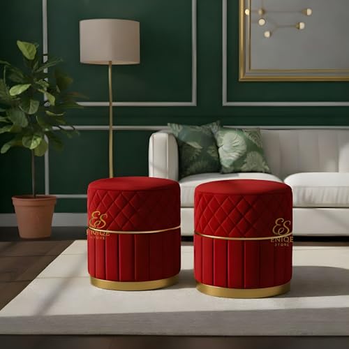 Image of Set of 2 Round Velvet Ottoman Footstool Gold Base - Tufted Upholstered Pouffe Stool for Living Room, Bedroom & Dressing Area (Red)