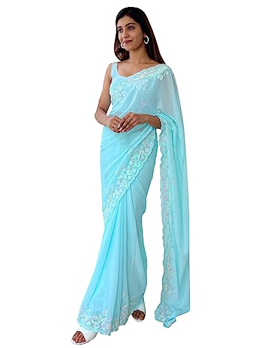Image of AKHILAM Women's Georgette Embellished Saree With Unstitched Blouse Piece