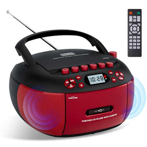 Portable CD Player and Cassette Player with Remote Control FM Radio USB Playback Bluetooth Speaker Recording Function Battery/AC Powered for Elderly