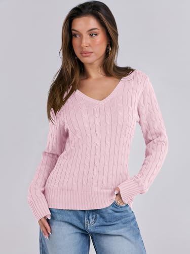 Image of ANRABESS Women's Cable Knit V Neck Fitted Sweaters