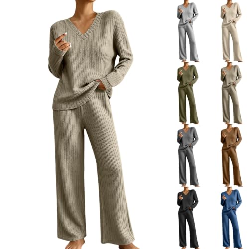 Gouuuia Women Ribbed Knit Lounge Set V Neck Long Sleeve 2 Piece Sets