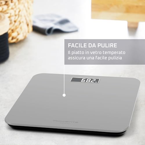 Rowenta Premiss 2.0, Bilancia da Bagno con Display LCD Facile da Leggere, Capacità 160Kg, Design Moderno e Funzioni Intelligenti, Auto Accensione e Spegnimento Automatico, Colore Argento, BS1801V0 - Immagine 5