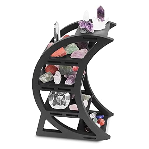 CEFRECO Wooden Crystal Display Shelf - Crystal Holder for Stones and Essential Oil - Black Witchy Decor Crescent Moon Phrase Decorative Shelves for Table Top - Unique Crystal Shelf Display Stand Cover