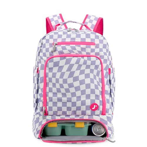 J World New York 2-in-1 Insulated Backpack Lunch Box for Kids. Adult School Bookbag, Lavender Checkers, 17 x 13 x 9 Inches