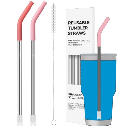 2-Pack Long Metal Straws with Silicone Tip, Stainless Steel Straws 20 Oz