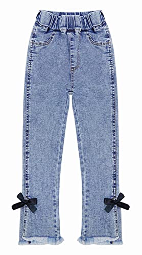 KIDSCOOL SPACE Girl Jeans,Raw Edge Ankle Hem Bowknot Decor Denim Pants,Blue,13-14 Years