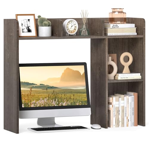 Giantex Desktop Bookshelf, Wood Desk Hutch Organizer for 27 Inch Computer Monitor, Countertop Storage Display Rack with 5 Shelves, Multipurpose Desktop Shelf Bookcase for Dorm Office Home (Grey Oak)