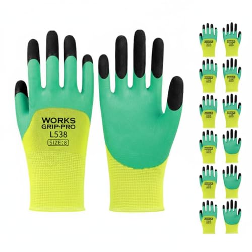 Safety Work Gloves, Latex Rubber Coated, Size 8, for Construction, Gardening, Warehouse, Assembly (6)