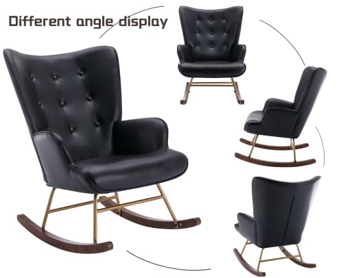 Cimota Leather Rocking Chair Nursery, Modern Armchair Tufted Wingback Comfy Rocker Chair With Thick Padded Seat For Nursery/Bedroom/Living Room, Faux Leather Black #TOP5
