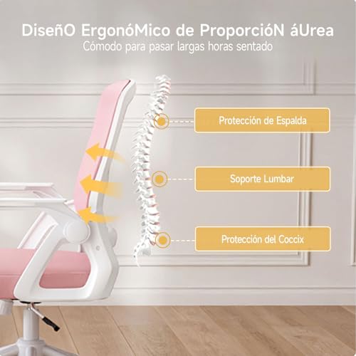 Miniatura 3 de Naspaluro Silla Ergonómica De Oficina Con Respaldo De Malla Y Soporte Lumbar, Silla Escritorio Giratoria Altura Regulable, Reposabrazos Plegables 90 , Función Inclinable, Para Hogar Y Oficina, Rosa
