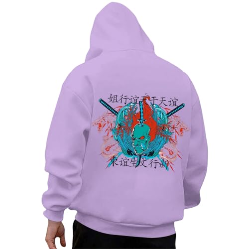 Japanese Hoodies for Men - Japanese Warrior Dragon Printed Pullover Hoodies - Loose Fit Pullover Top Fashion Clothes