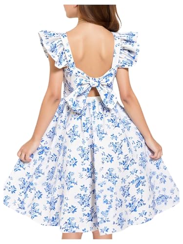 Girl's Floral Print Bowknot Backless A Line Dresses Ruffle Cap Sleeve Cute Knee Length Dress