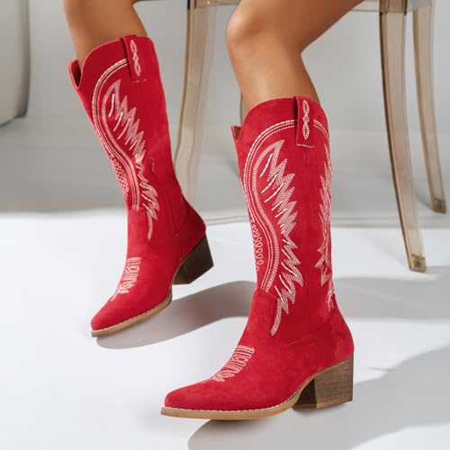 Image of Women's Western Cowboy Boots - Embroidered Ankle Booties with Chunky Block Heel, Side Zipper Suede Cowgirl Boots for Country Concert
