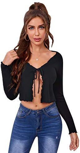 SOLY HUX Women's Tie Up Long Sleeve Lettuce Trim Crop Top Open Front Cardigan Sweaters Black M