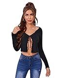 SOLY HUX Women's Tie Up Long Sleeve Lettuce Trim Crop Top Open Front Cardigan Sweaters Black S