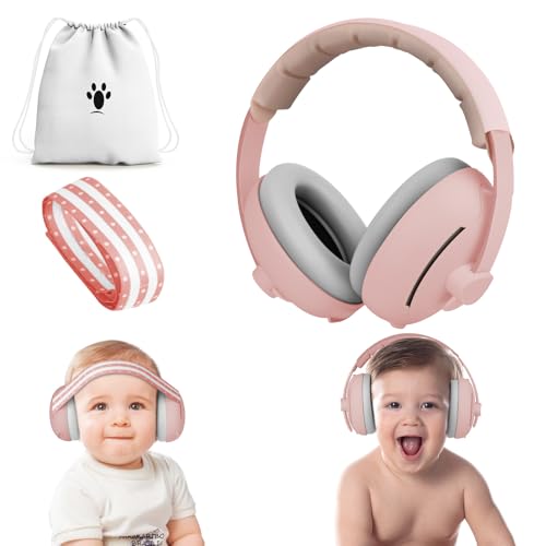 Aolso 2 in 1 Gehörschutz Baby Kopfhörer, Kopfhörer Lärmschutz, Ohrenschützer Lärmschutz für Neugeborene, Baby Ohrenschützer Noise Cancelling mit gepolstertem und verstellbarem Kopfbügel (Rosa)