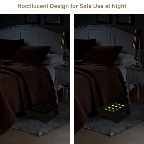 Image of Step Stool, Bed Steps for High Beds for Adults with Non-Slip Rubber Stepping Surface and Handles, 450 LBS Capacity for Bedroom Kitchen Bathroom, or Bedside, Senior Support (Brown, Noctilucent)