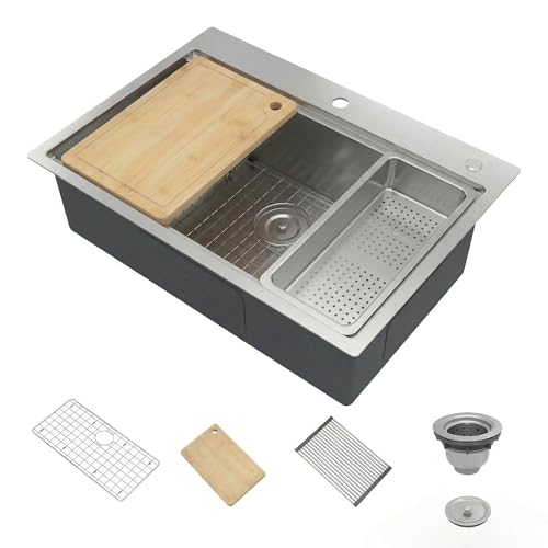 33 x 22 Inch Drop-In Workstation Kitchen Sink, 1.33 Inch Stainless Steel 16 Gauge Single Bowl, 10'' Deep Handmade with Cutting Board