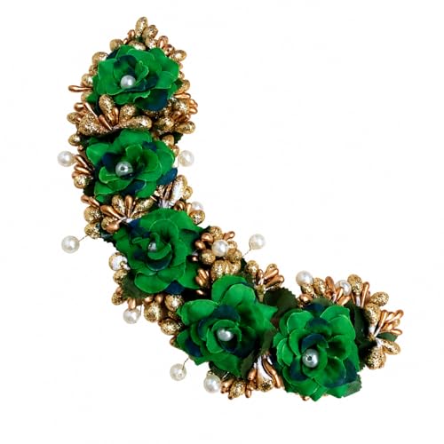 Image of Samyak Beautiful Hair Gajra Garland Handmade Floral Wedding Bridal Bridesmaid Hair Jewellery Bun | Juda Accessory | Tiara | Hair Vine | Hair Accessory | Hair Pin Clips Veni (Dark Green)