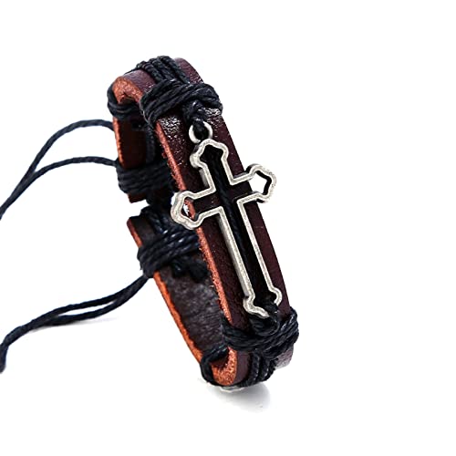 Fashion Cross Tag Bangle Adjustable Leather Cuff Wristband Drawstring Rope Bracelet