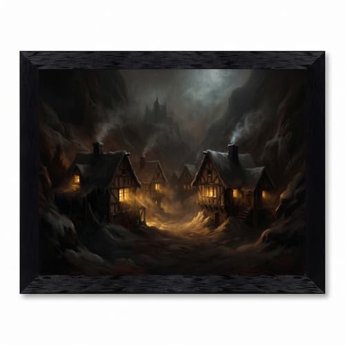 Framed Canvas Wall Art Tenebrist Rembrandt Style Snowy Cottages Umbers