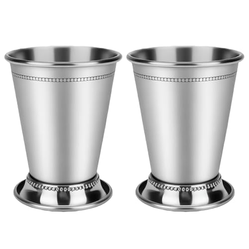 Set of 2 Mint Julep Cups, 12 Oz Stainless Steel Mint Julep Cup, Silver Metal Cocktail Glasses with Beaded Trim Border, Suitable For Party Beer Juice Beverage Bar Home Restaurant, Vase decoration