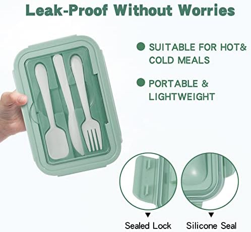 WEAFRICTCH Bento Box, Lunch Box for Adults & Kids, 1400ml Leakproof Lunchbox with 3 Compartments and Cutlery, Reusable Sandwich Box Food Container, Microwave and Dishwasher Safe (Green Lunch Box)