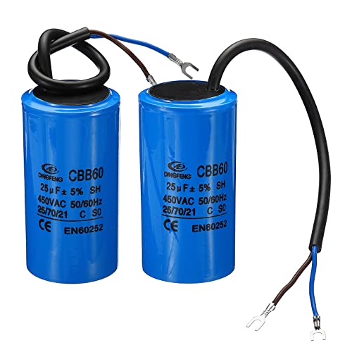 PATIKIL CBB60 25uF Running Capacitor, 2pcs AC 450V 2 Wires 50/60Hz Cylinder 90x50mm for Air Compressor Motor, Washing Machines, Refrigerators Motor Start