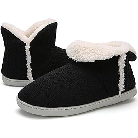 Women House Bootie Winter Warm Lining Slipper Plush Fleece Slippers Ladies Indoor Pull on Knit Ankle Boot Comfy Anti-Slip Soft Memory Foam Shoess Black 7/8 Cover