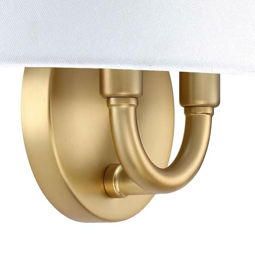 Image of Nathan James Shoal Modern Wall Light Fixture with White Linen Lamp Shade and Vintaged Brass Metal Base for Bedroom or Living Room