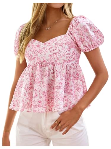 Floerns Women's Floral Short Puff Sleeve Flare Peplum Tops Sweetheart Neck Boho Blouses