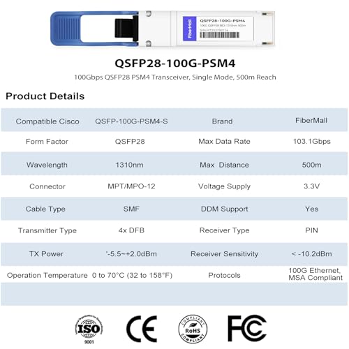 Image of FiberMall 100G QSFP28 PSM4 Optical Transceiver Module Compatible for Cisco QSFP-100G-PSM4-S QSFP28-100G-PSM4-IR 100GBASE-PSM4 QSFP28 1310nm 500m DOM MTP /MPO SMF