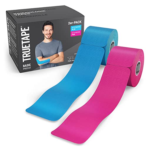 TRUETAPE® Kinesiotape – BASIC Precut – 2x 20 Streifen (25 cm x 5 cm) – Vorgeschnittene Kinesiotapes – Wasserfestes & Elastisches Physiotape für Alltag & Sport – Blau & Pink