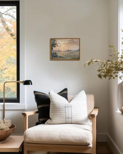 Image of KISSFOX Framed Wall Art Vintage Wall Art Sunset Scenery Canvas Art Landscape Pictures Countryside Paintings Neutral Artwork Farmhouse Prints For Bedroom Kitchen Living Room