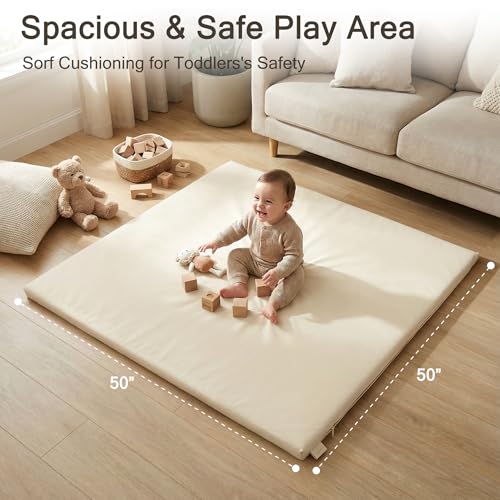 Image of Vegan Leather Baby Play Mat, 50x50 Thick Cushioned Waterproof Playpen Mat, Stylish Wipe-Clean Floor Mat for Babies & Toddlers, Soft Padded Play Mat for Crawling & Tummy Time, 1.2 inch Thick, Cream