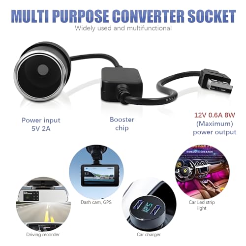 Image of 12V Car USB-to-Cigarette Lighter Adapter(60 cm /23.6″), 5V USB-A Step Up 12V 8W Converter Cable for Dash Cam, GPS, LED Strip, Car Electronics with Safety Protections