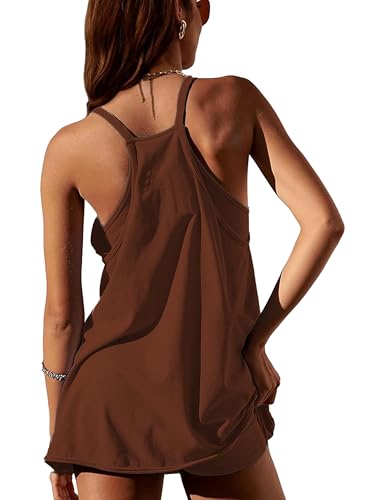 Image of Womens Athletic Sundress with Built-in Shorts Golf Tennis Romper | Sleeveless Mini Spaghetti Strap dress Functional side pockets tummy-friendly fit casual beach vacation