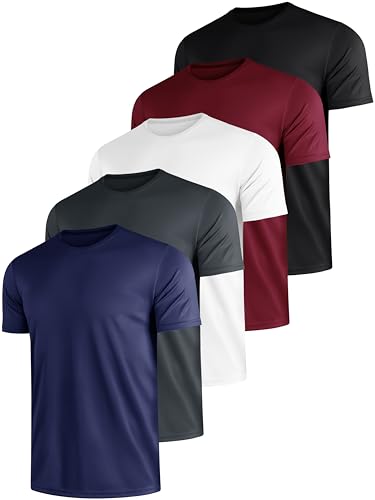 E-LIINJOYE 5 er Pack Sport Herren Tshirts Schnelltrocknend Atmungsaktive Männer Sommer Funktionsshirt Trainingsshirt Fitness Laufshirt Rundhals Kurzarm T Shirt Herren Set，5XL 5P1