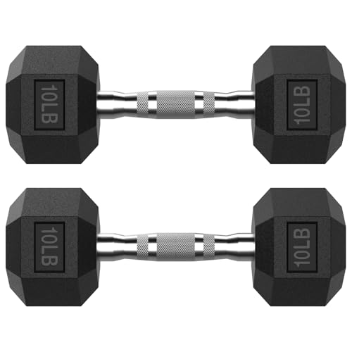 HANDBODE Rubber Encased Hex Dumbbell Pair, 10 lb, Chrome Handle