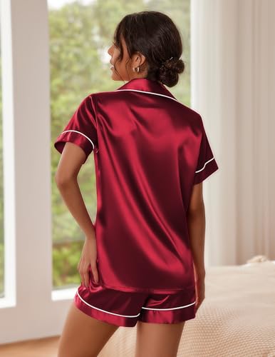 Image of Ekouaer Pajamas for Women Set Silk Satin Pjs Button Down Sleepwear Summer Loungewear Top and Shorts Lounge Set S-XXL