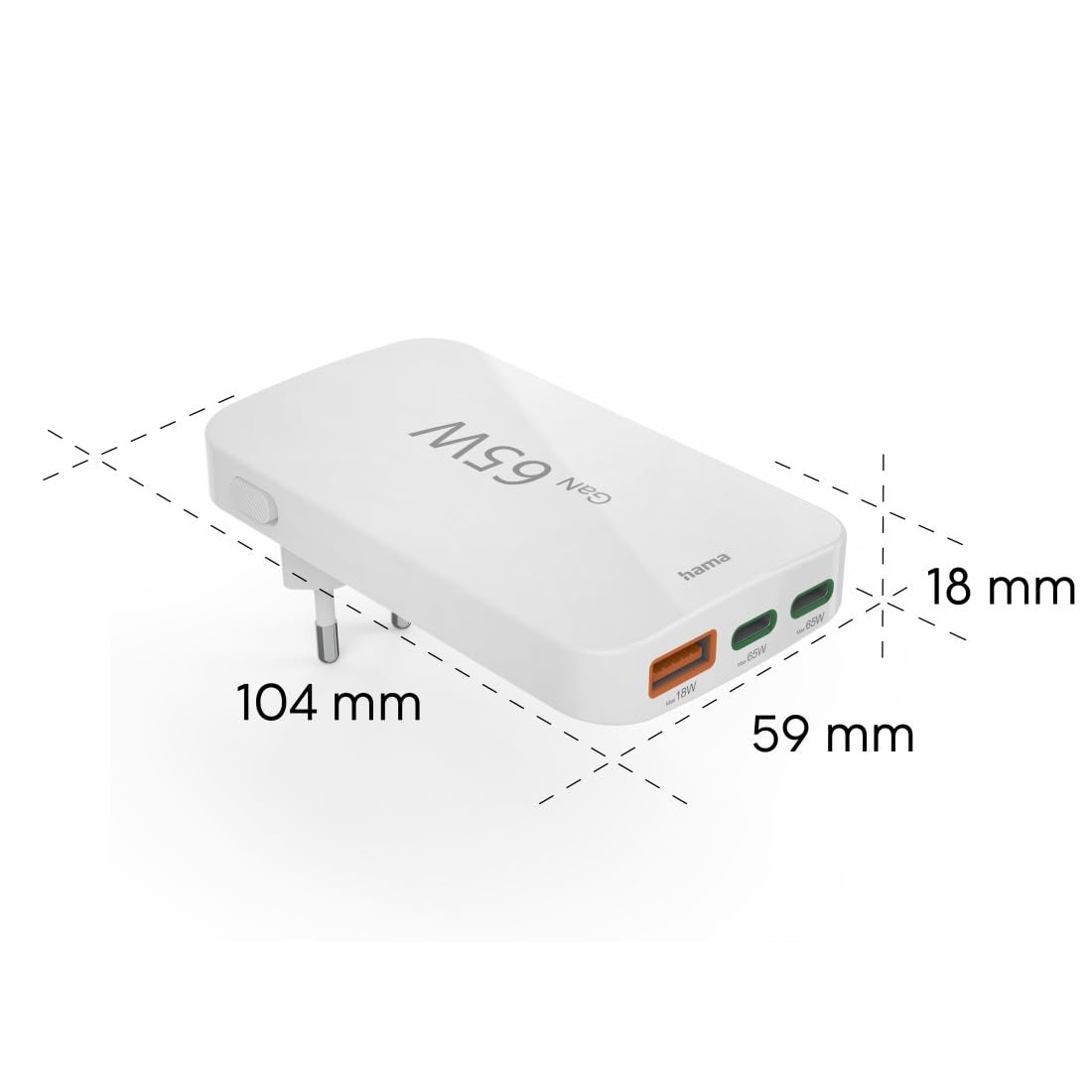 Hama - Cargador rápido USB-C de 65 W GAN de 3 Puertos (Corriente eléctrica, 2 x USB-C 65 W, 1 x USB-A 18 W, Mini Cargador PD Ultra Plano, Compacto y Plegable, Qualcomm Quick Charge, para PC