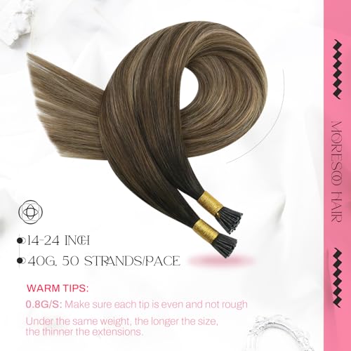 Image of Moresoo I Tip Hair Extensions Human Hair Golden Brown Blonde Ombre 14 Inch | 40g 50 strands, lightweight i tip hair extensions for fine hair, adds targeted fullness for parties and daily styling