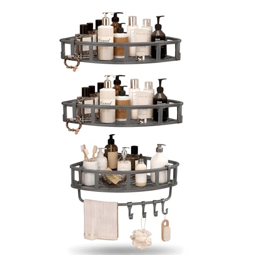 Shower Caddy Hanging Gray, 3 Pack Rustproof Adhesive Corner Shower Shelves