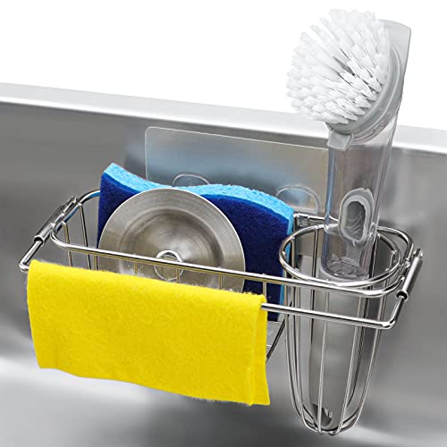 HULISEN 4-in-1 Sink Sponge Holder, 18/8 Stainless Steel Kitchen Sink Caddy, Sponge Holder + Dish Brush Holder + Cloth Hanger, Adhesive Installation No Drilling (Not Including Sponge and Brush)