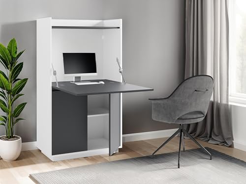 byLIVING Sekretär Hannes/Sekretär matt weiß - anthrazit/Office-Schrank mit 1 Klappe und 2 Türen/Grifflos/B 80, H 141, T 40 cm
